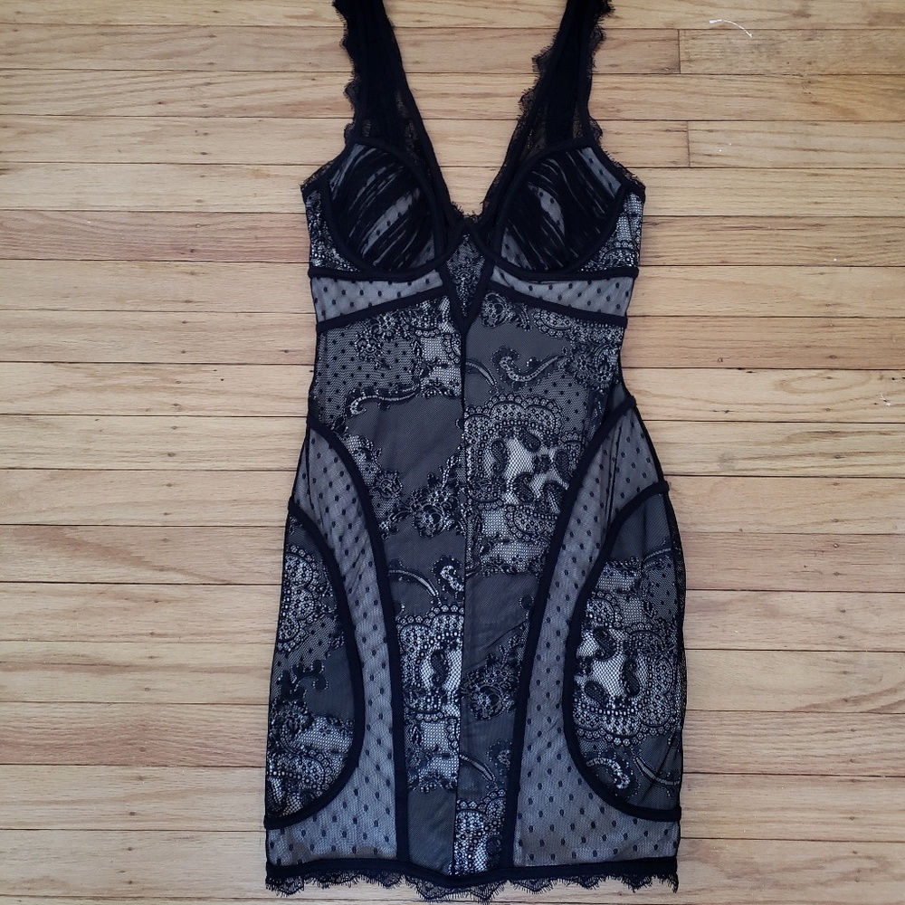 Bebe Nude Black Lace Overlay V Neck Corset Dress